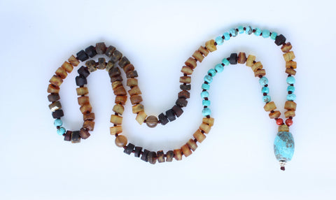 amber turquoise mala beads necklace